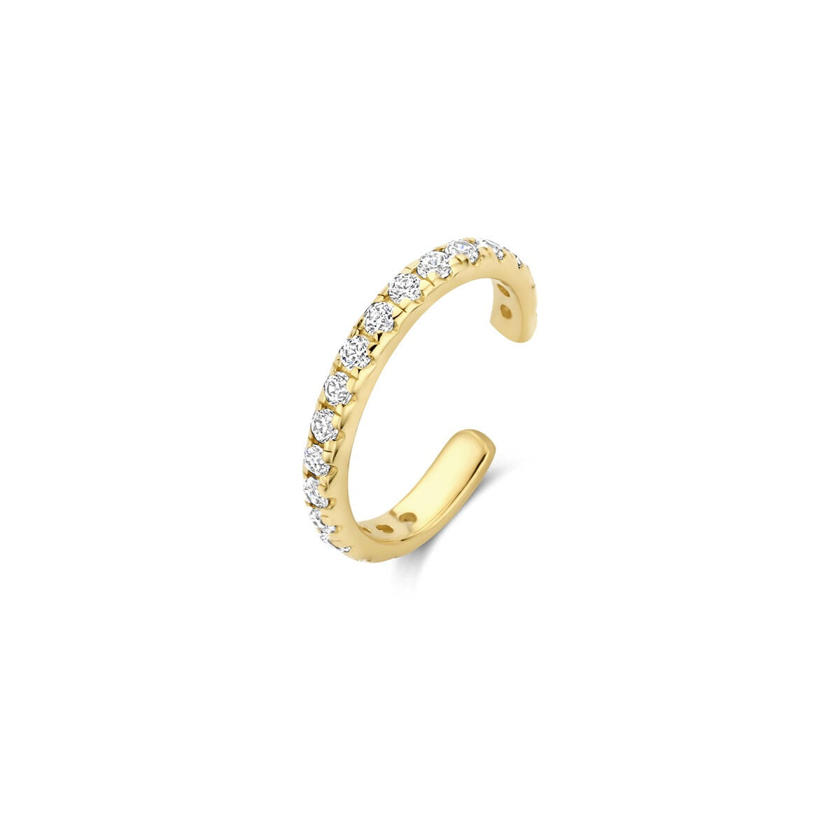 Geelgouden ear cuff met een rij zirkonia-steentjes.