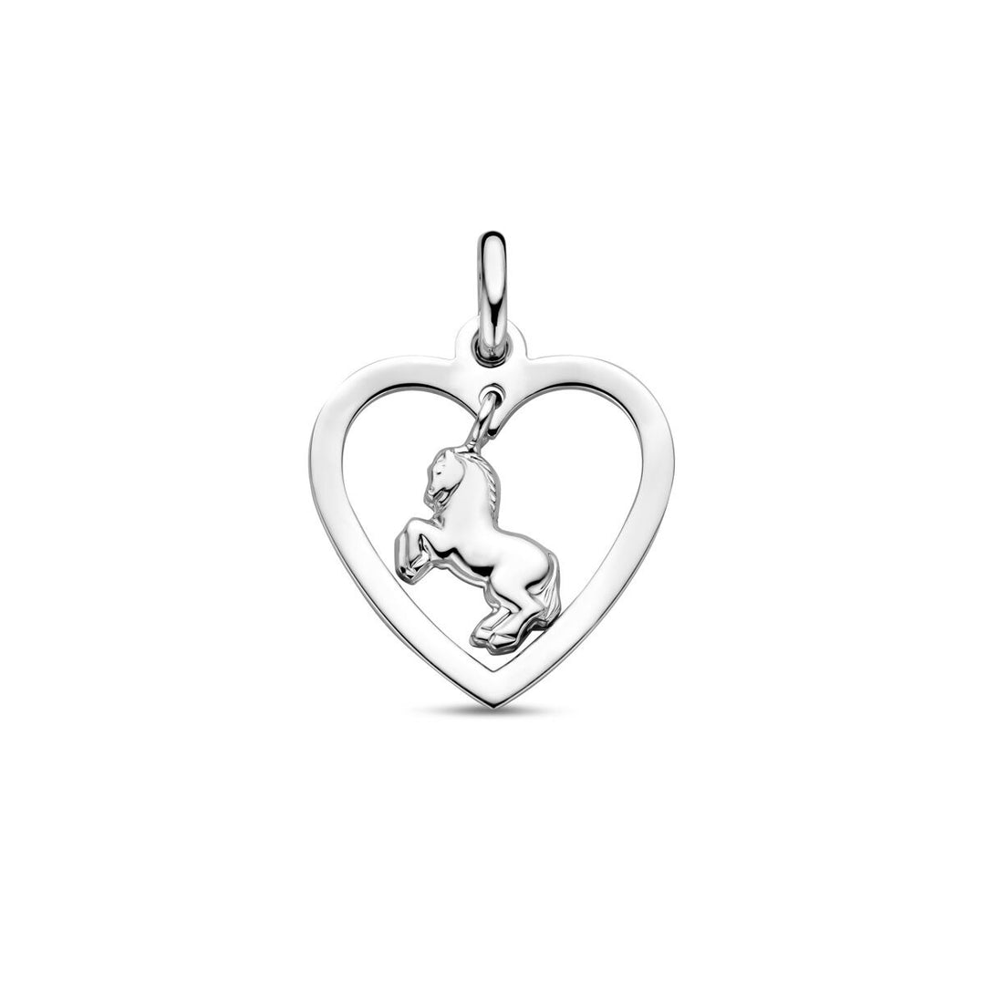 Zilveren kinderhanger hart met paard – gerhodineerd 925 zilver, 20 mm hoog