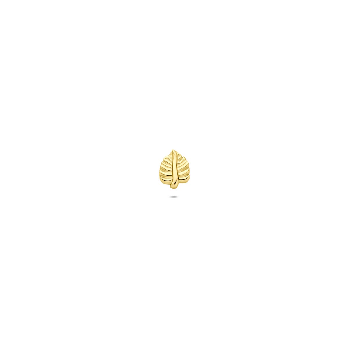 Gouden piercing in de vorm van een blad met fijne lijnen en details.