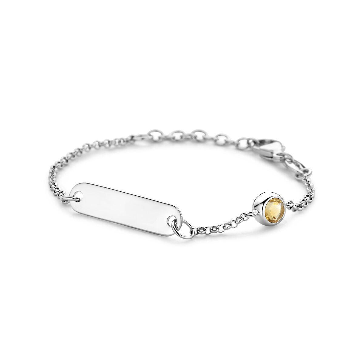 Zilveren graveerarmband met granaat, verstelbare lengte van 11 tot 13 cm, met een gladde plaat en een ronde steen.