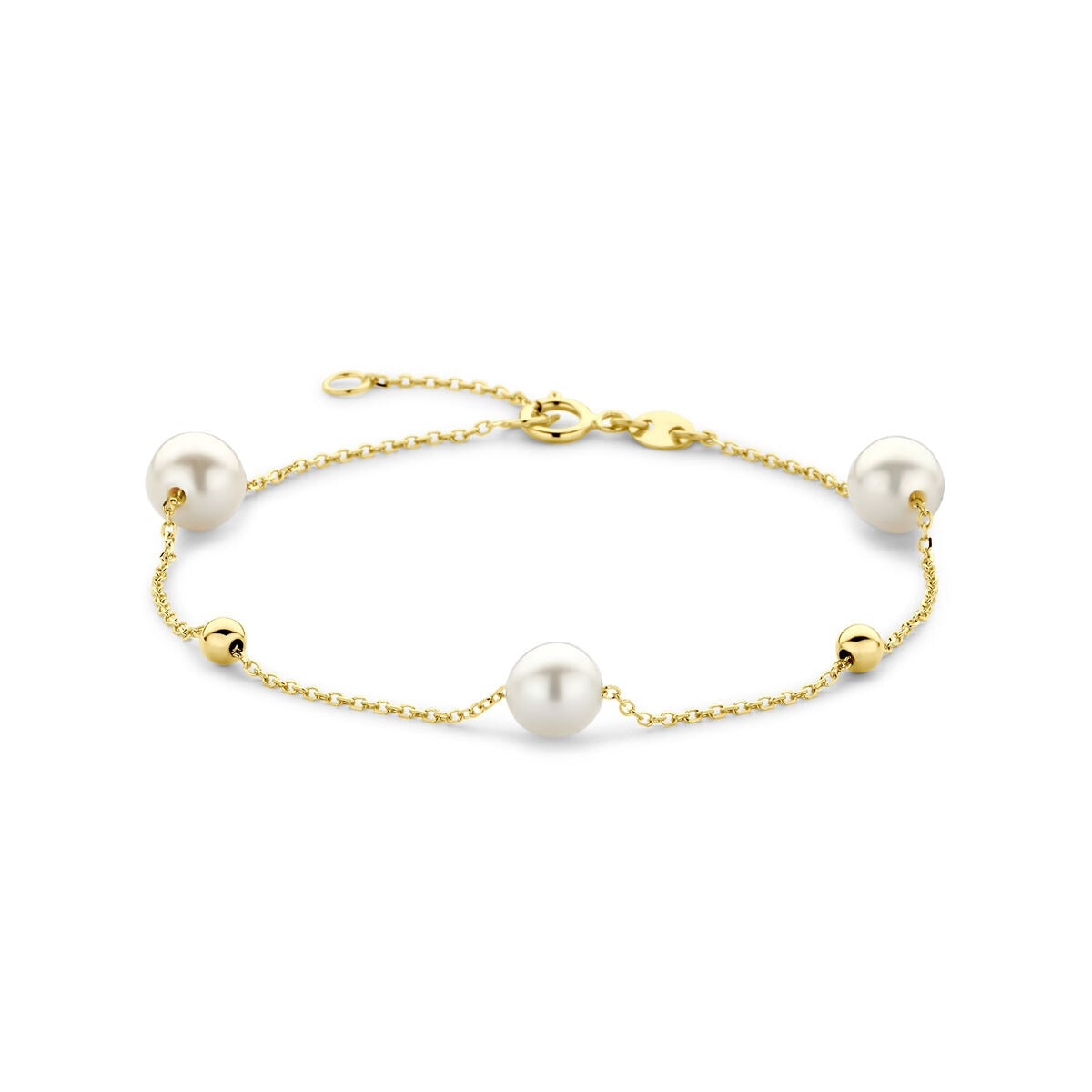 14k geelgouden damesarmband met parels en bolletjes, voorzien van een fijne schakel en drie parels.