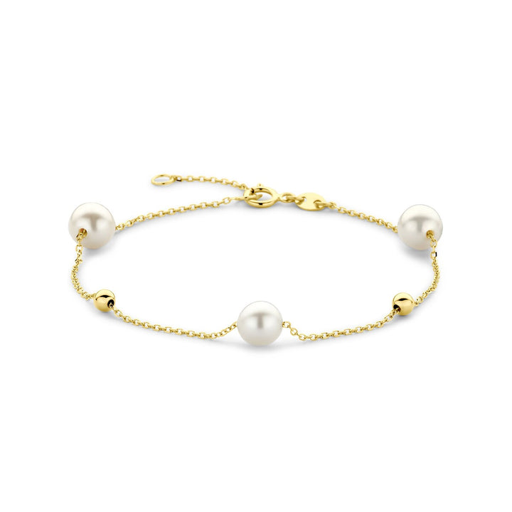 14k geelgouden damesarmband met parels en bolletjes