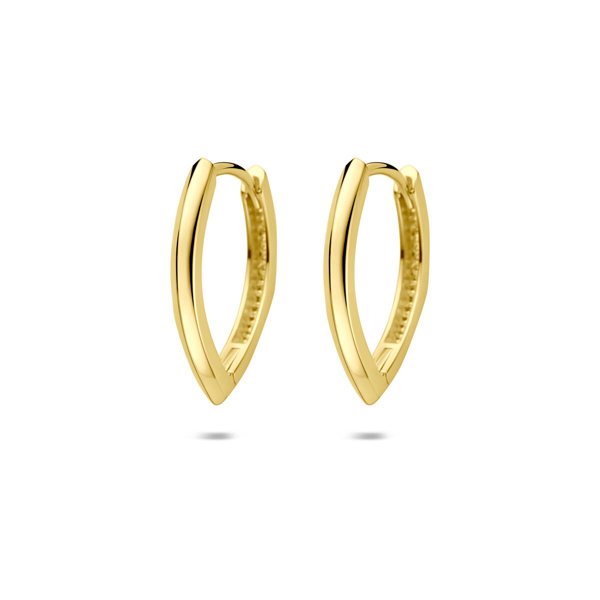 Gouden klapoorringen van 14k geelgoud met een scharniersluiting, in een moderne, ovale vorm.