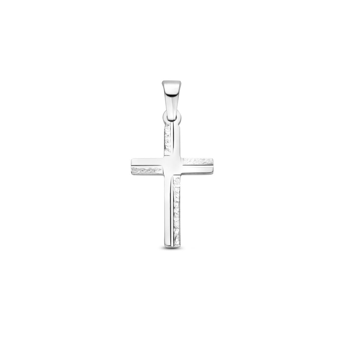 Zilveren kruis hanger van gerhodineerd 925 zilver met een glanzende afwerking en subtiele lijndetails.