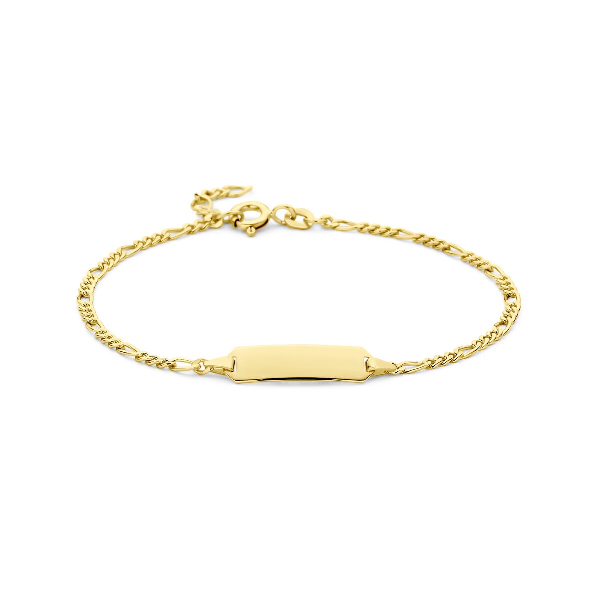 Geelgouden graveerarmband met figaro schakel en een 5 mm brede plaat.