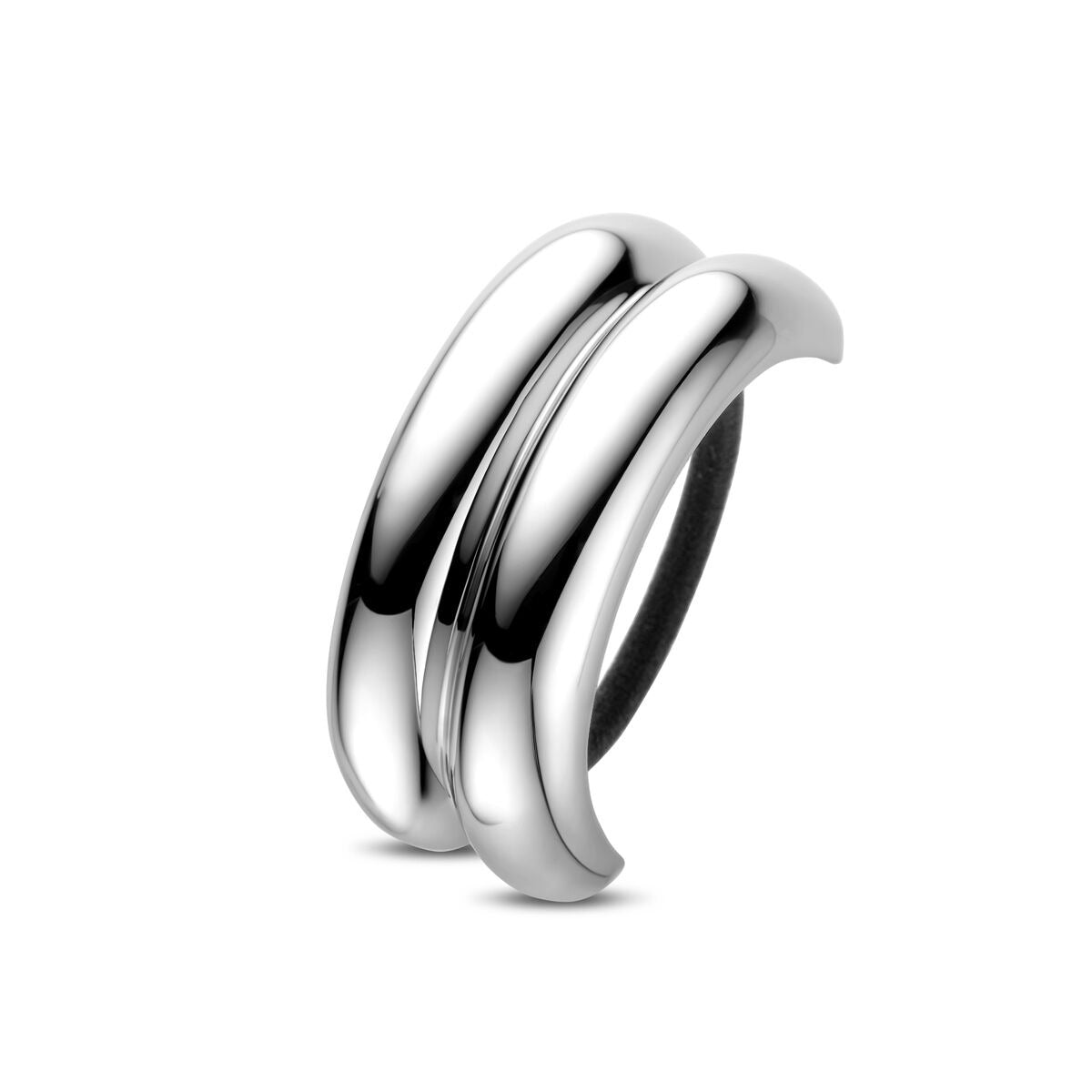 Zilverkleurige stalen hair cuff met een gladde, glanzende afwerking en een dubbele band.