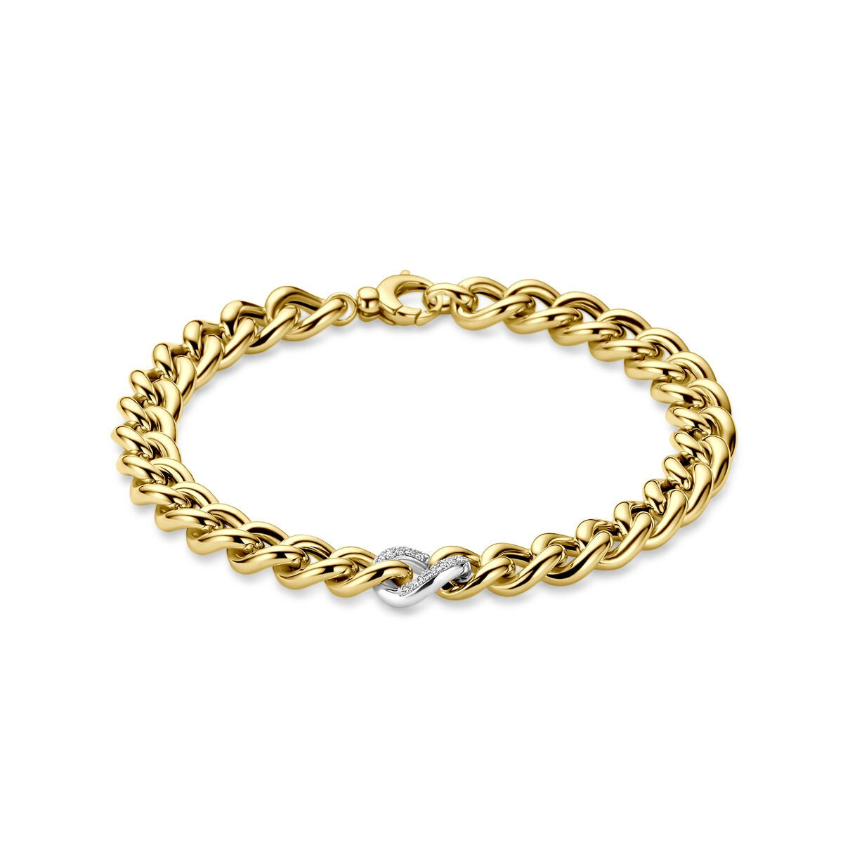 Bicolor armband van 14k geel- en witgoud met een diamantaccent en een schakelsluiting.