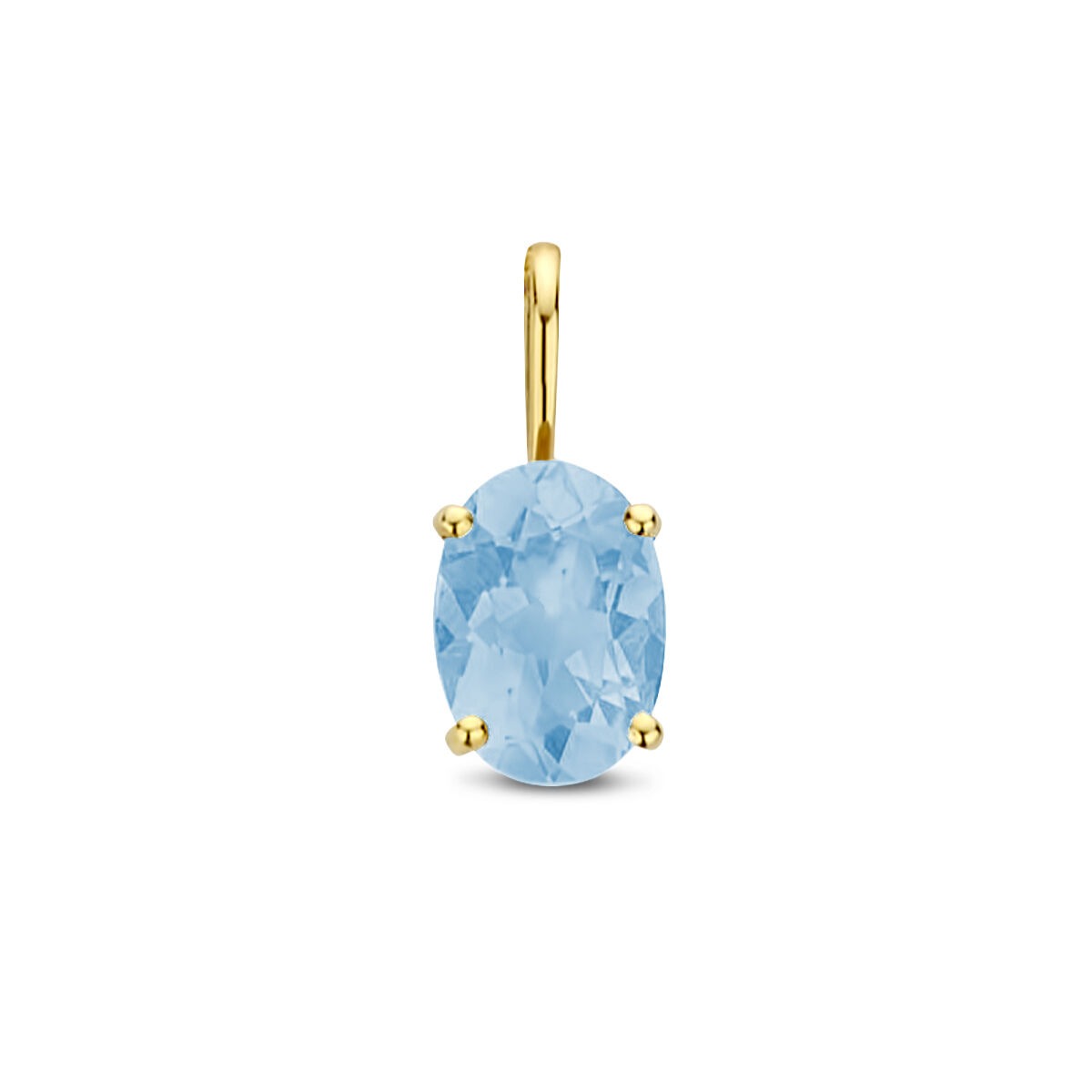 Geelgouden hanger met een ovale, lichtblauwe topaas, gezet in vier gouden klauwen.