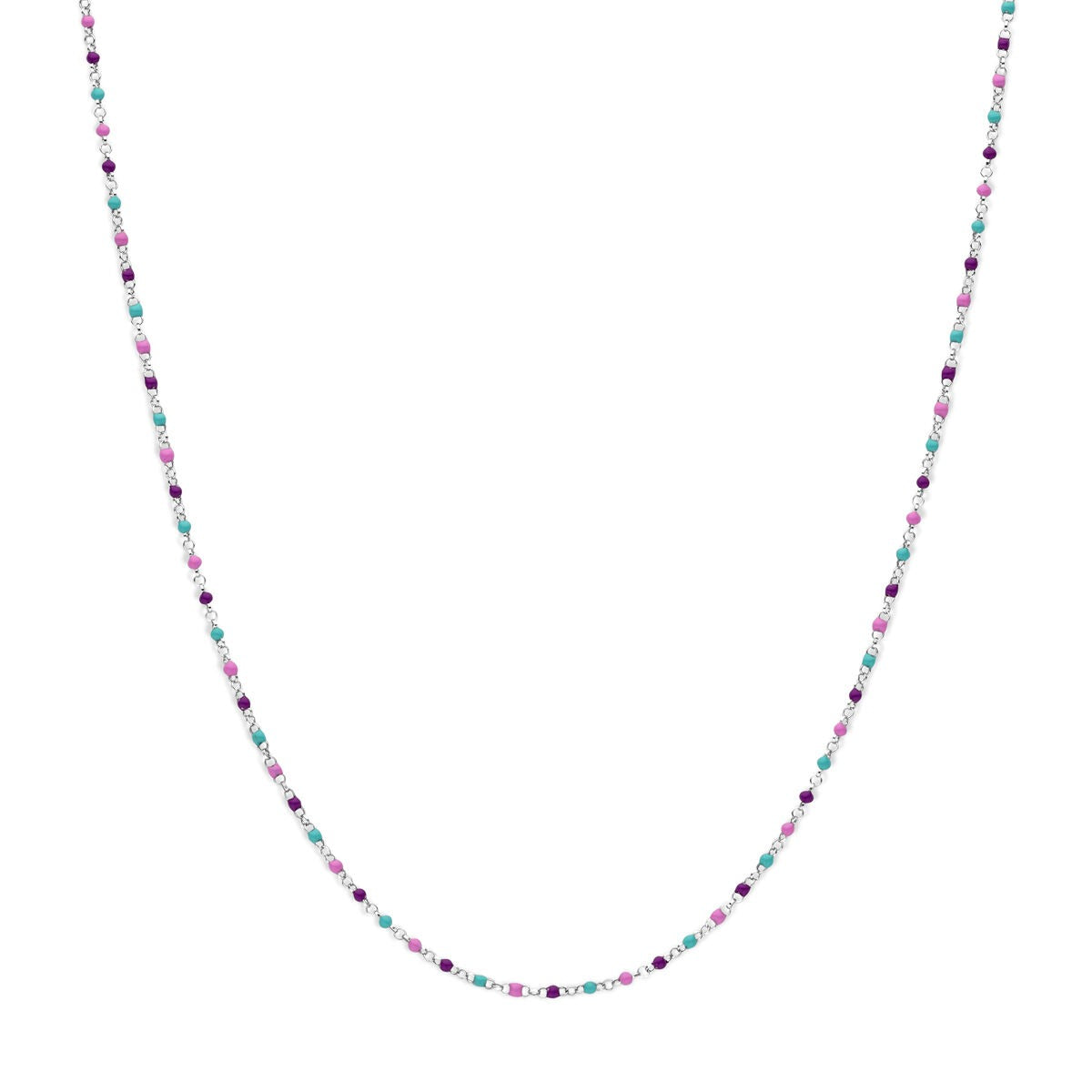 Gerhodineerd zilveren kindercollier met kleurrijke emaille bolletjes in paars, blauw en roze.
