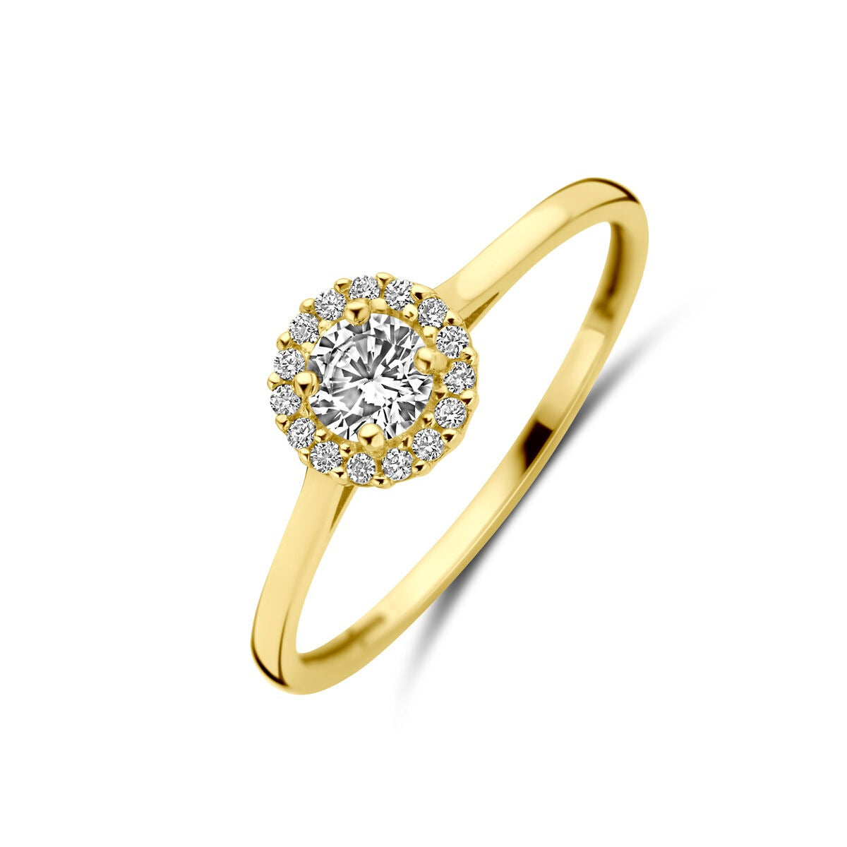 Geelgouden damesring met een centrale zirkonia in entouragezetting, omringd door kleinere zirkonia's.