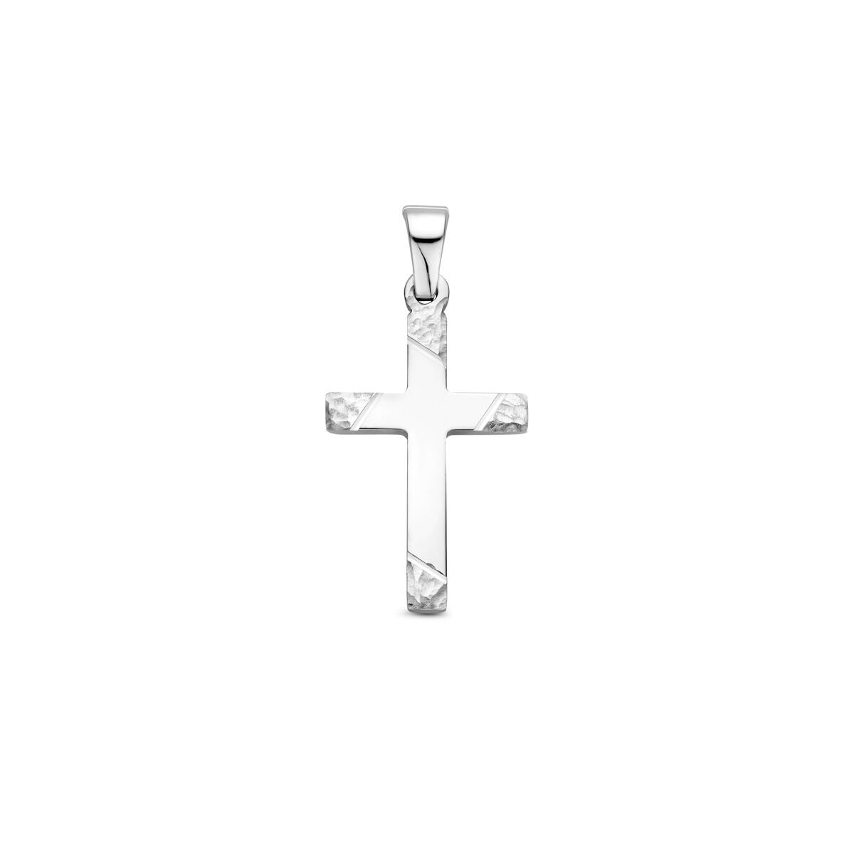 Zilveren kruis hanger van gerhodineerd 925 zilver met gehamerde, gepolijste en gediamanteerde afwerking.