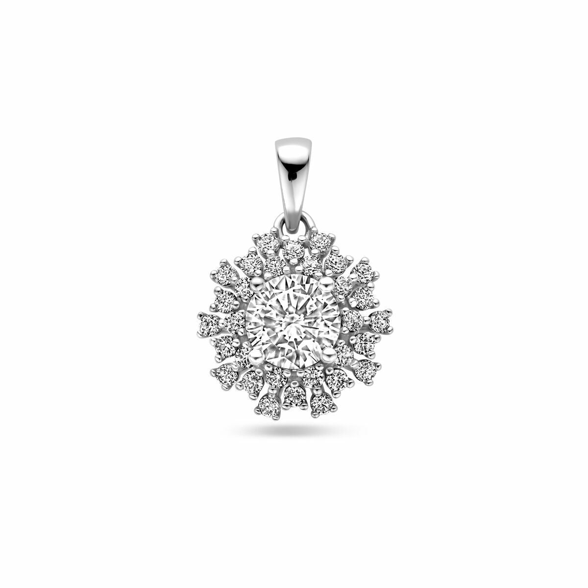 Gerhodineerde zilveren hanger met een centrale zirkonia omringd door kleinere zirkonia's in pavé-setting.