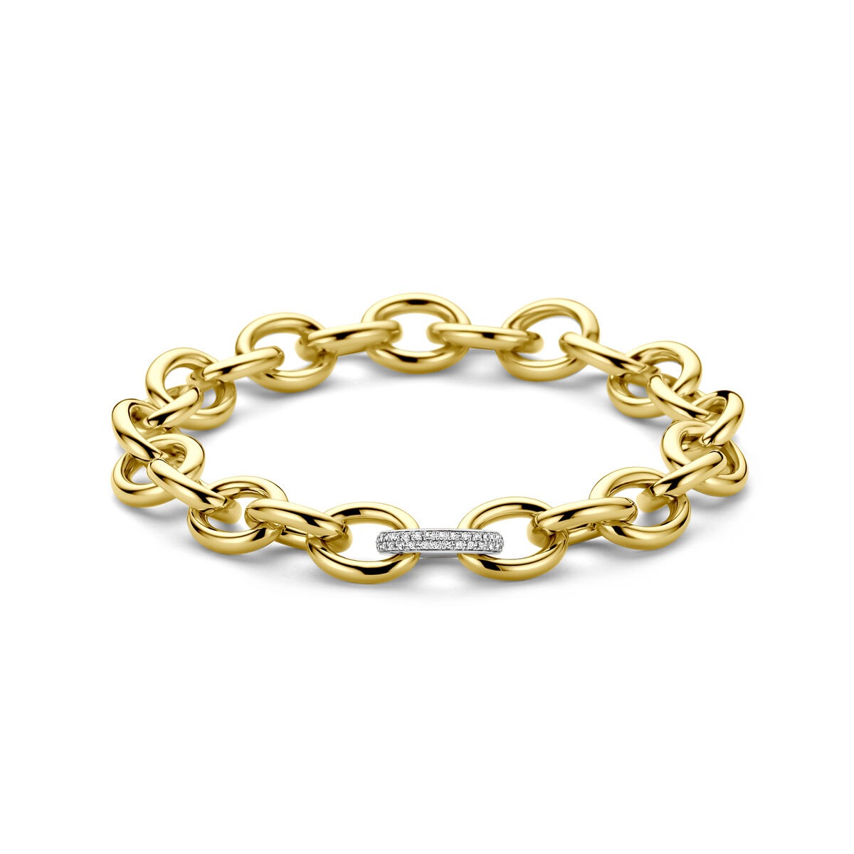 Bicolor armband van 14k geel- en witgoud met een rijtje diamanten in het midden.