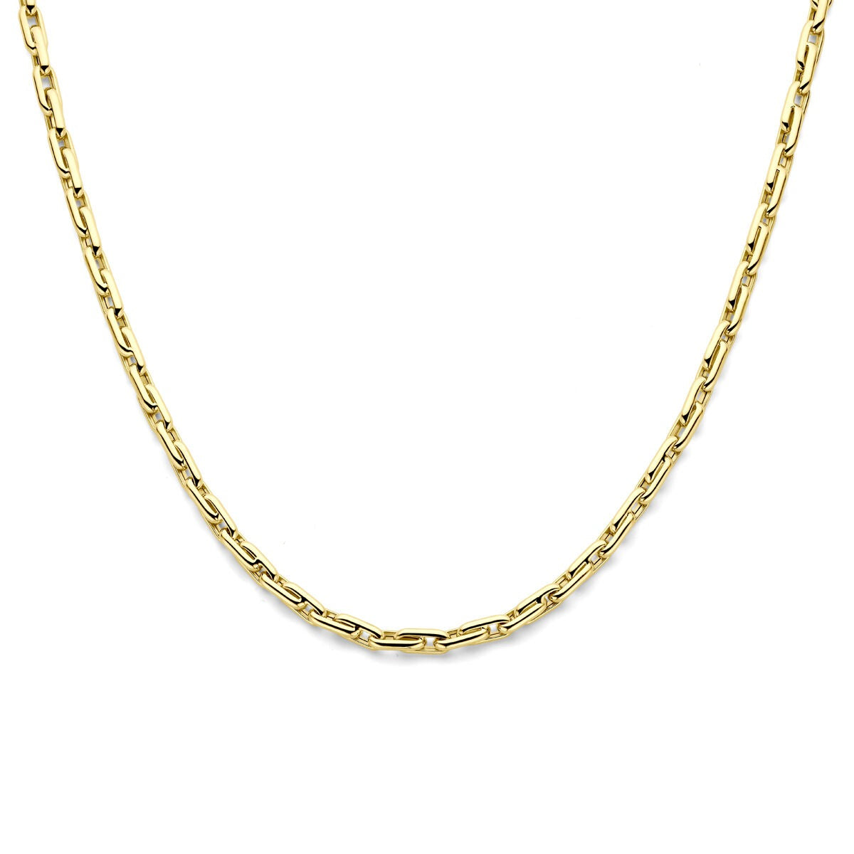 Geelgouden collier met anker schakels in een verfijnde schakelstructuur.