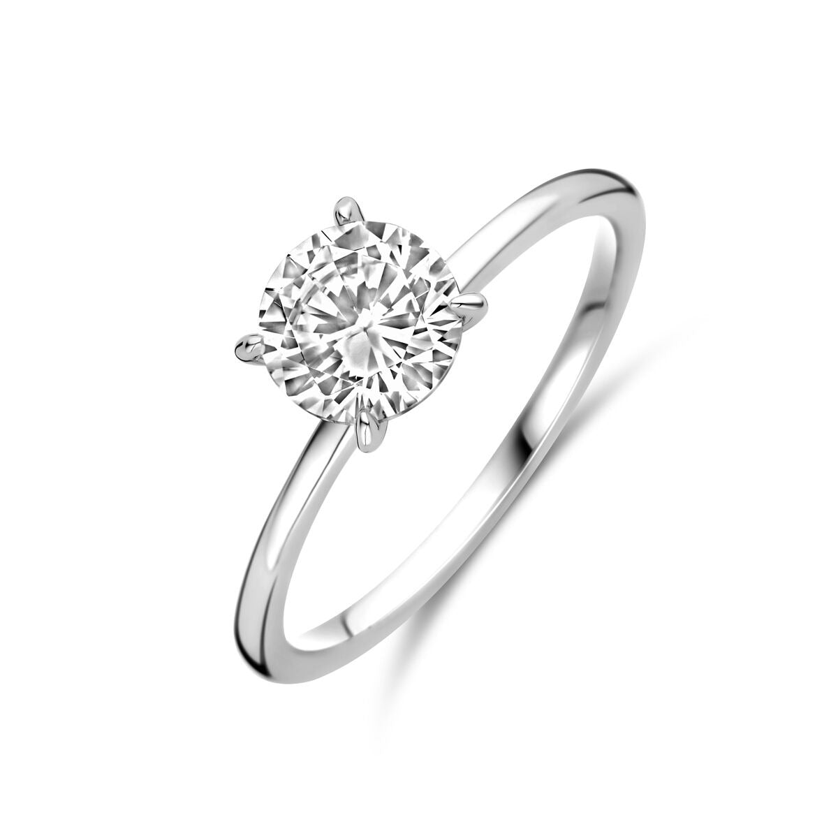 Zilveren damesring van gerhodineerd 925 zilver met briljant geslepen zirkonia, 6,5 mm.