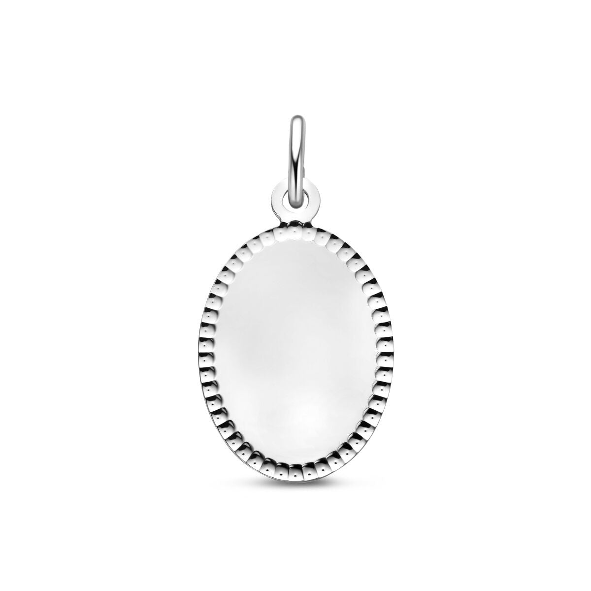 Zilveren graveerhanger van gerhodineerd 925 zilver, ovaal met een geribbelde rand en een glanzende afwerking.