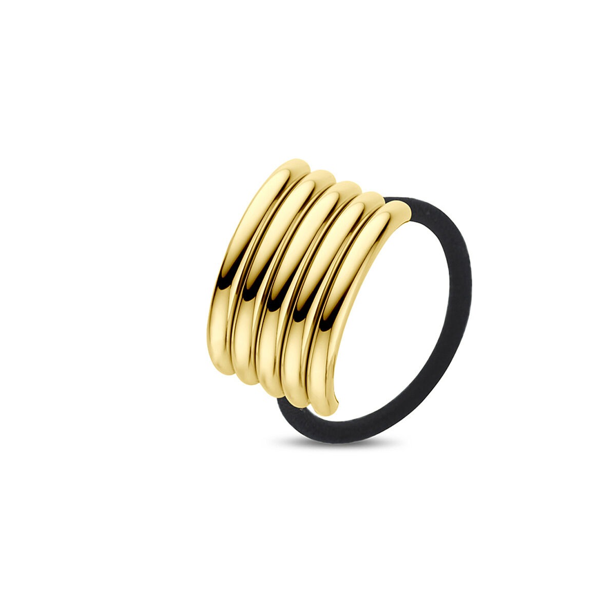 Goudkleurige stalen hair cuff met vier afgeronde ringen en een zwarte band.