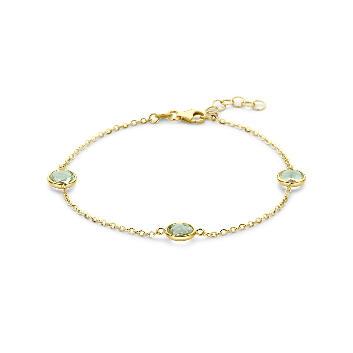 Geelgouden armband met drie ovale groene amethisten en een fijne schakelketting.
