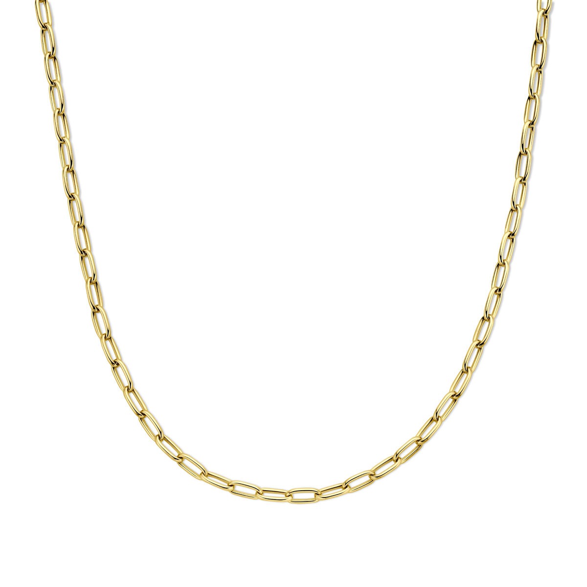 Geelgouden collier met draadschakels, eenvoudig en tijdloos ontwerp.