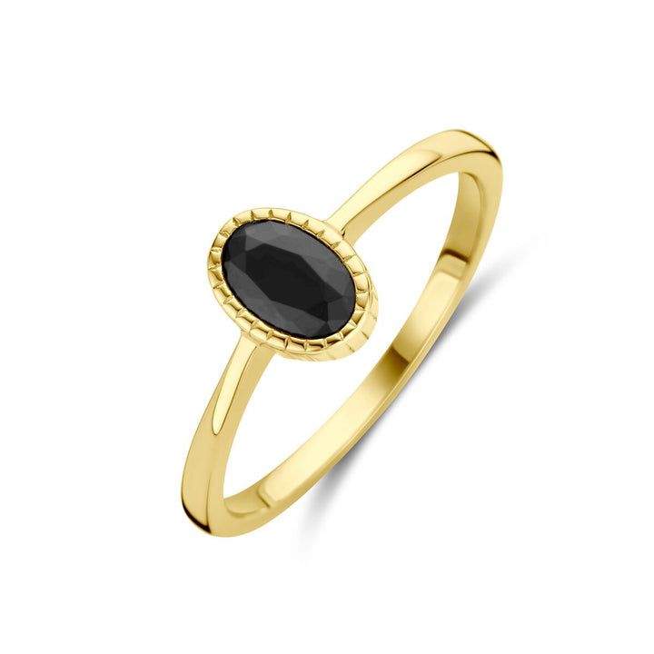 14k geelgouden damesring met zwarte zirkonia