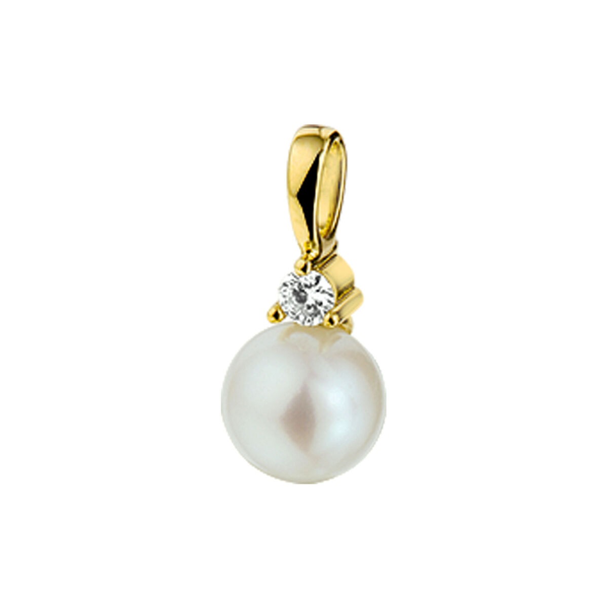 Geelgouden hanger met een ronde parel en een diamant bovenop, 14k, 0.05ct H SI.