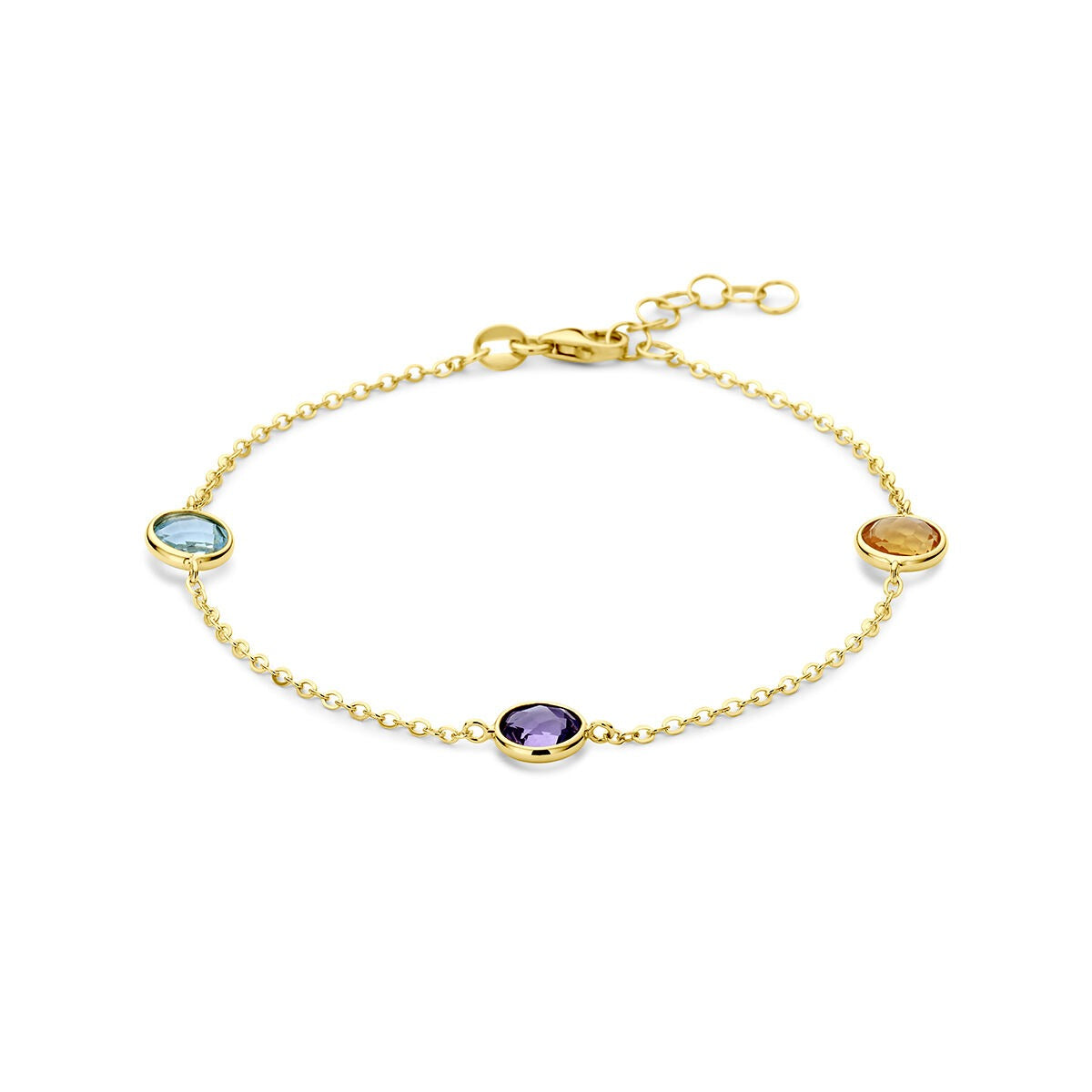 Geelgouden armband met citrien, amethist en topaas, met ronde edelstenen in een verfijnde zetting.