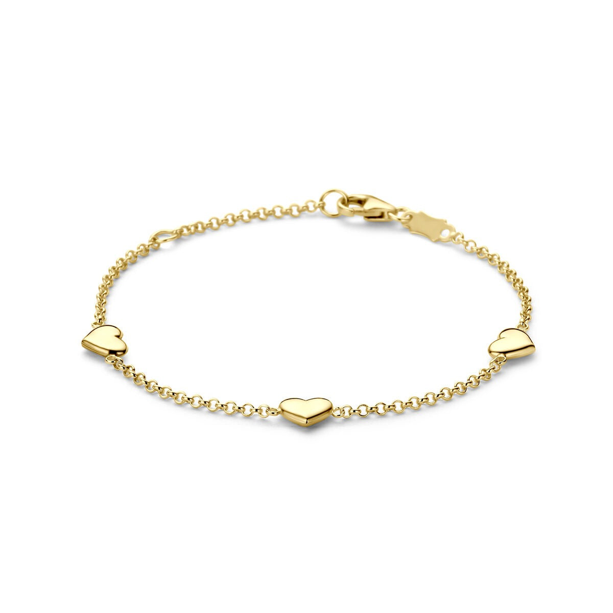Geelgouden armband met hartjes, fijne schakels en een karabijnsluiting.