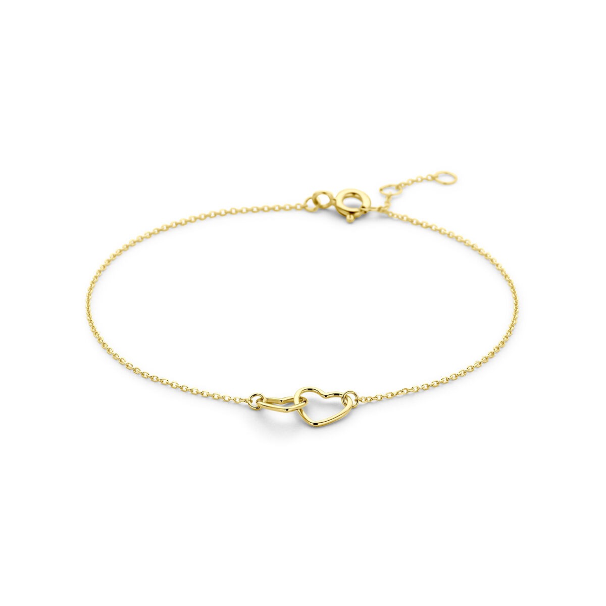 Verstelbare 14k geelgouden armband met hartvormig detail en fijne schakel.