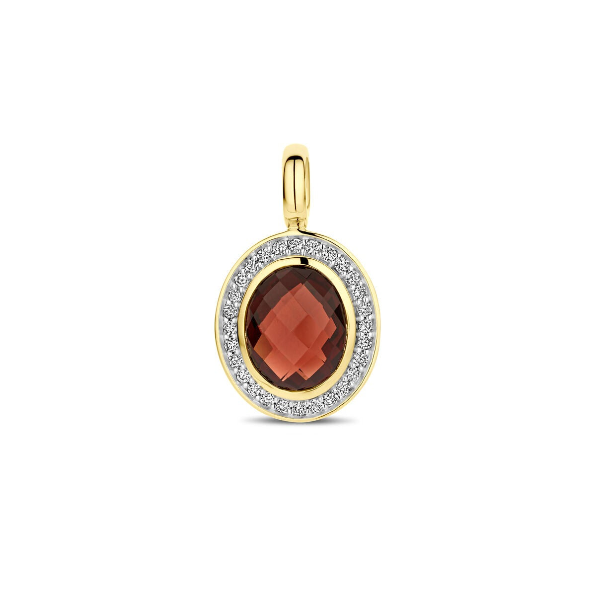 Gouden hanger van 14k met een ovale granaat en een rand van kleine diamanten.