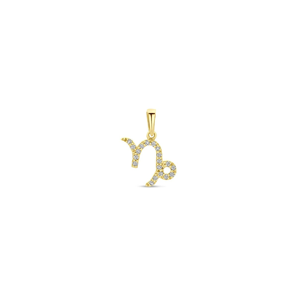 14k geelgouden sterrenbeeld hanger in de vorm van een steenbok, bezet met kleine diamanten.
