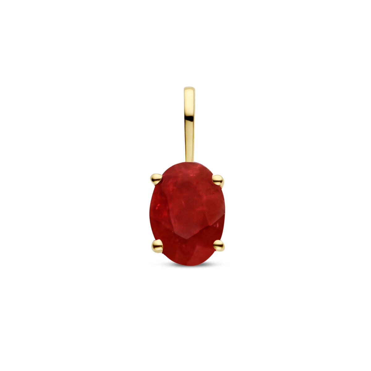 Geelgouden hanger met een ovale, facetterende robijn als geboortesteen.