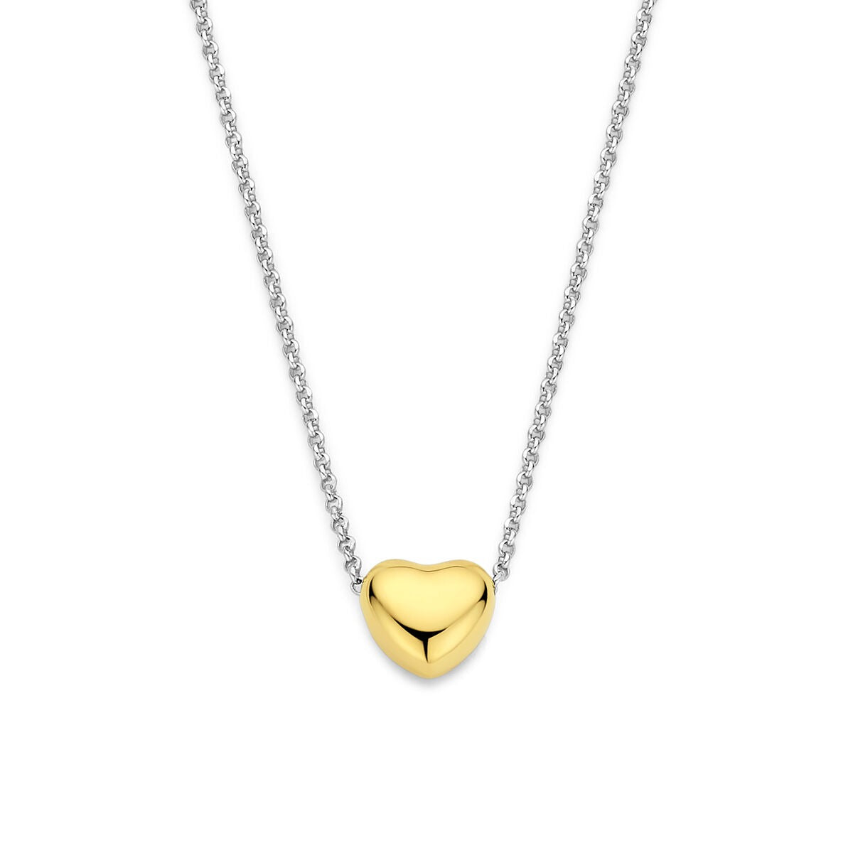 Zilveren collier met gerhodineerde ketting en verguld hartje als hanger.