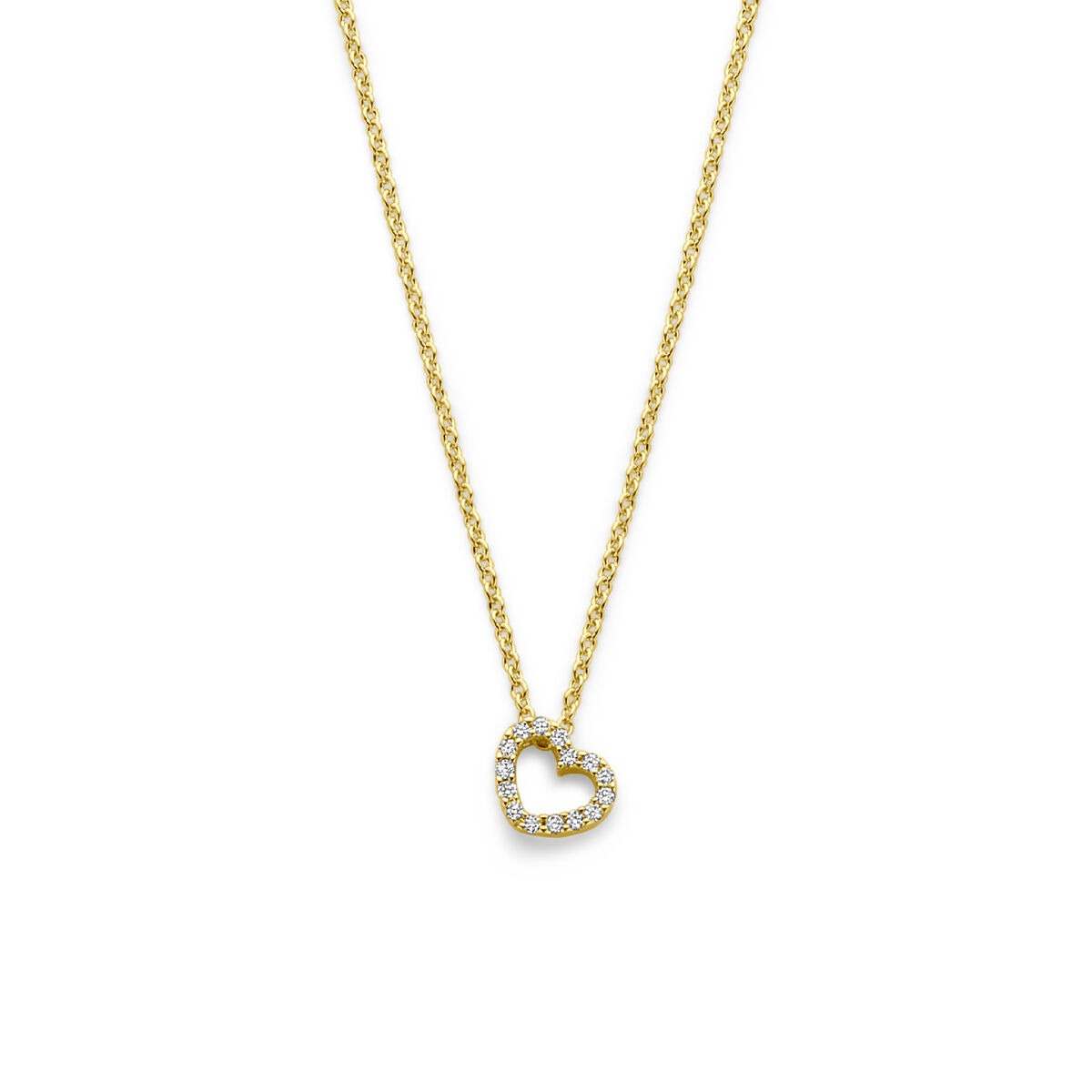 Geelgouden collier met een hartvormige hanger bezet met diamanten.