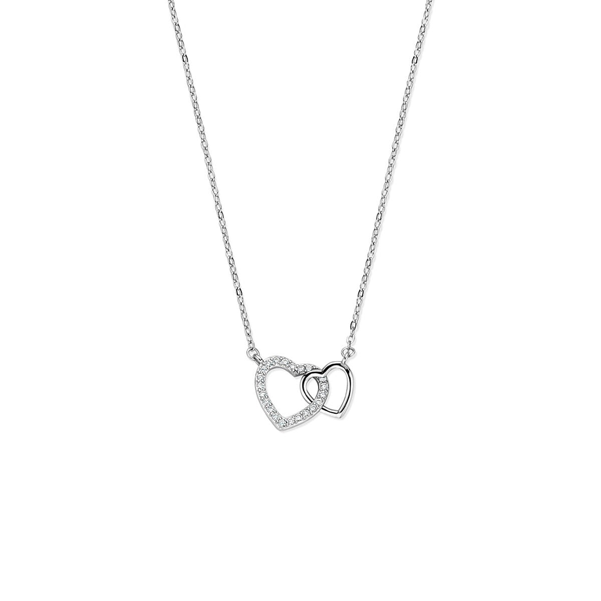Zilveren collier met twee hartjes, versierd met zirkonia-steentjes.