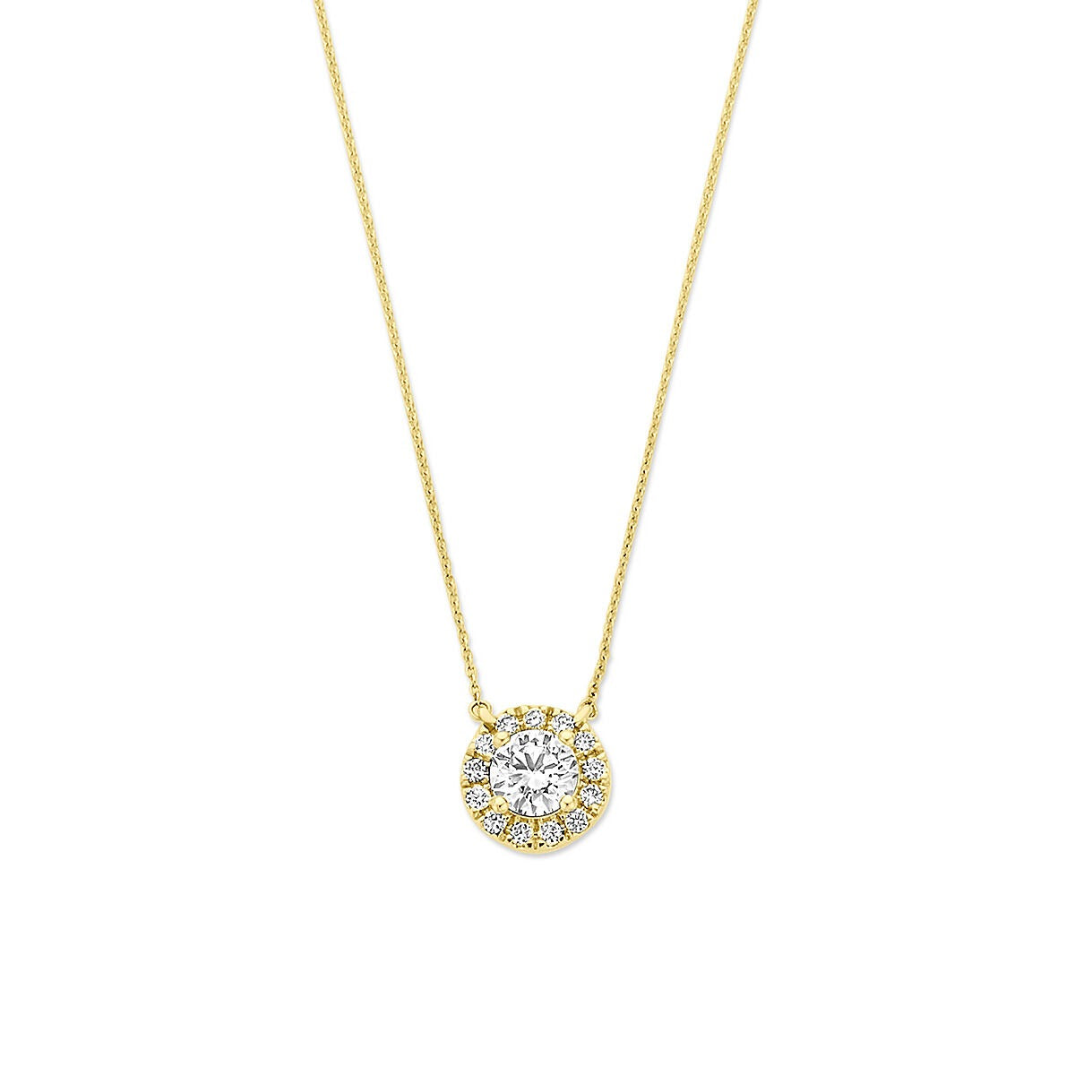 14k gouden ketting met een ronde lab grown diamant, omringd door kleinere steentjes.