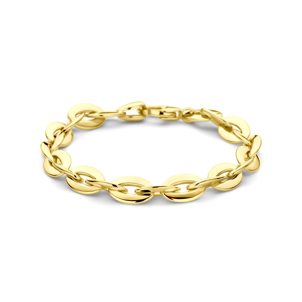 Geelgouden anker schakel armband met ronde schakels en een sluiting.