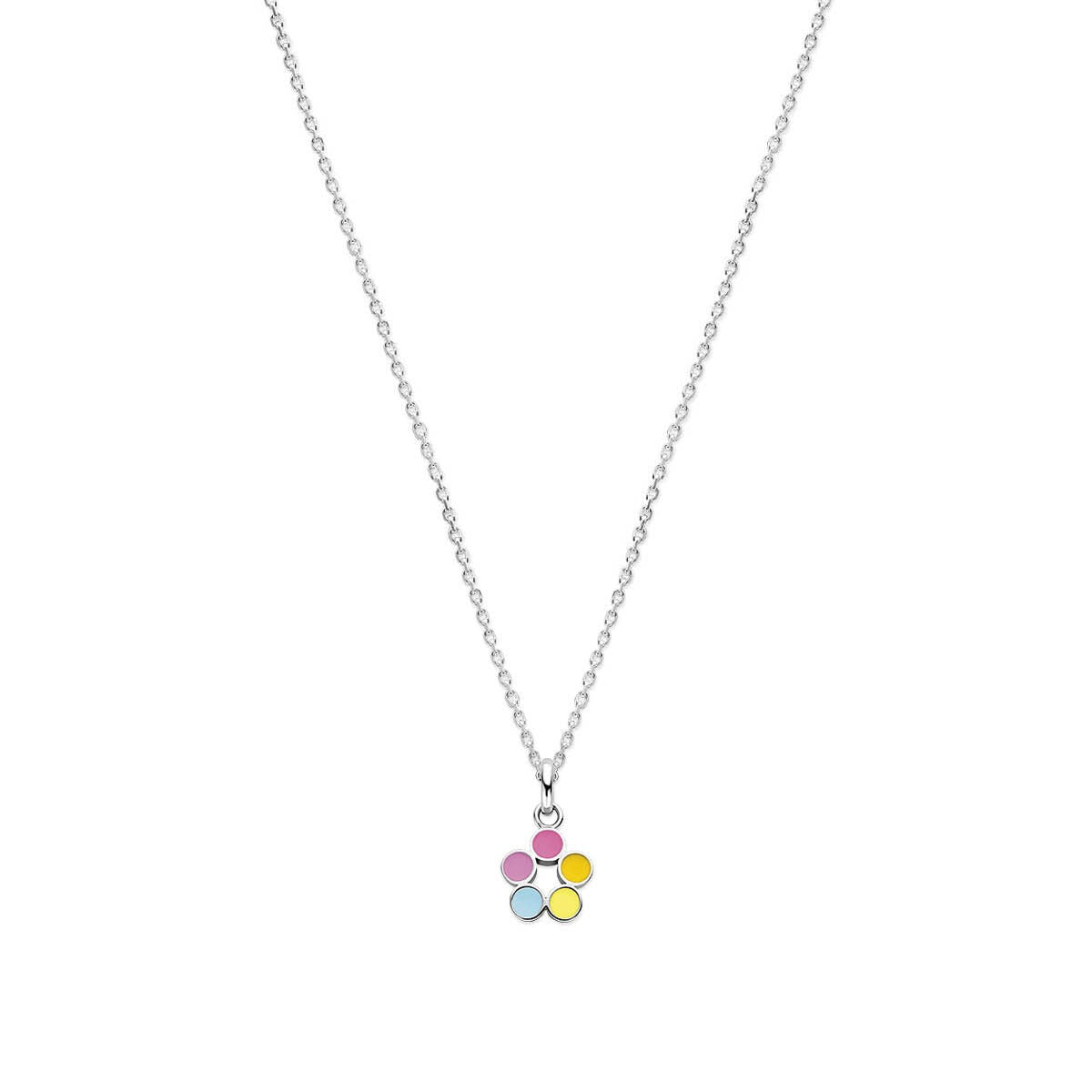 Zilveren ketting met gerhodineerde afwerking en kleurrijke hanger in roze, blauw en geel.