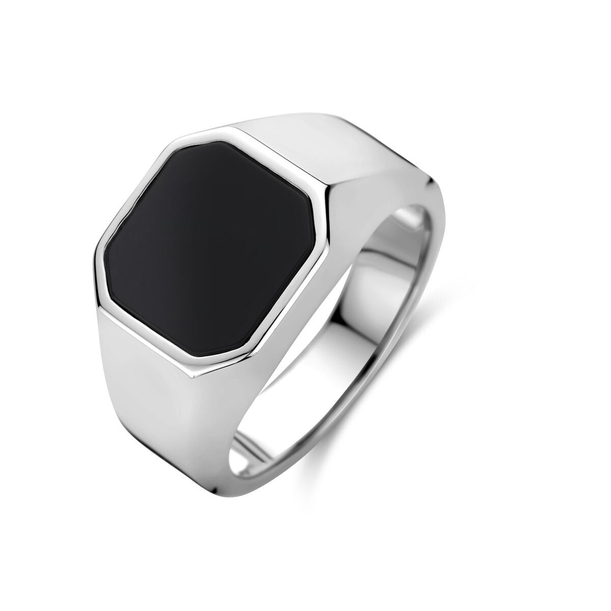 Zilveren zegelring met gerhodineerde afwerking en een zwarte onyx steen, in een moderne, achthoekige vorm.