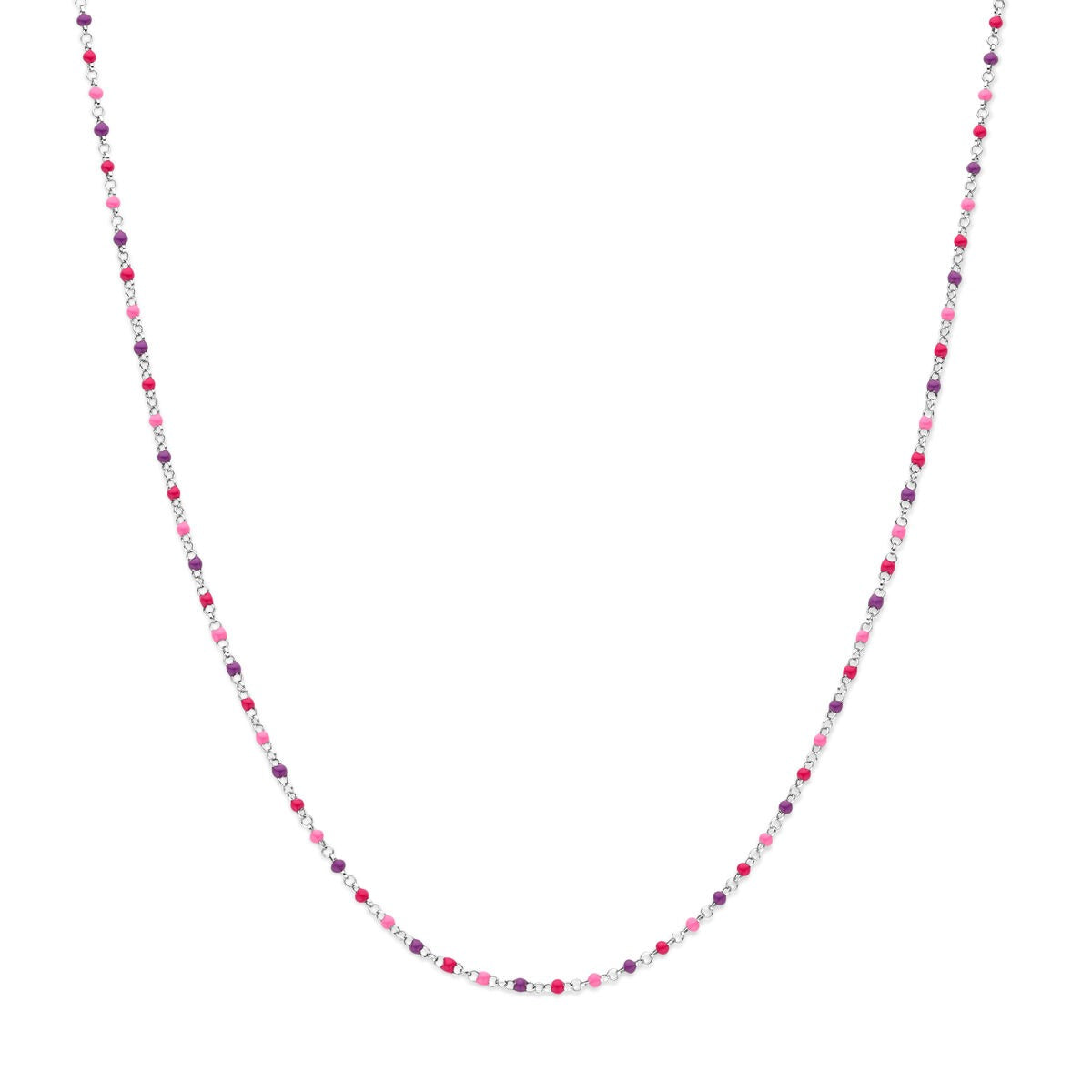 Gerhodineerd zilveren kindercollier met kleurrijke emaille bolletjes in roze, paars en wit, lengte 36-40 cm.
