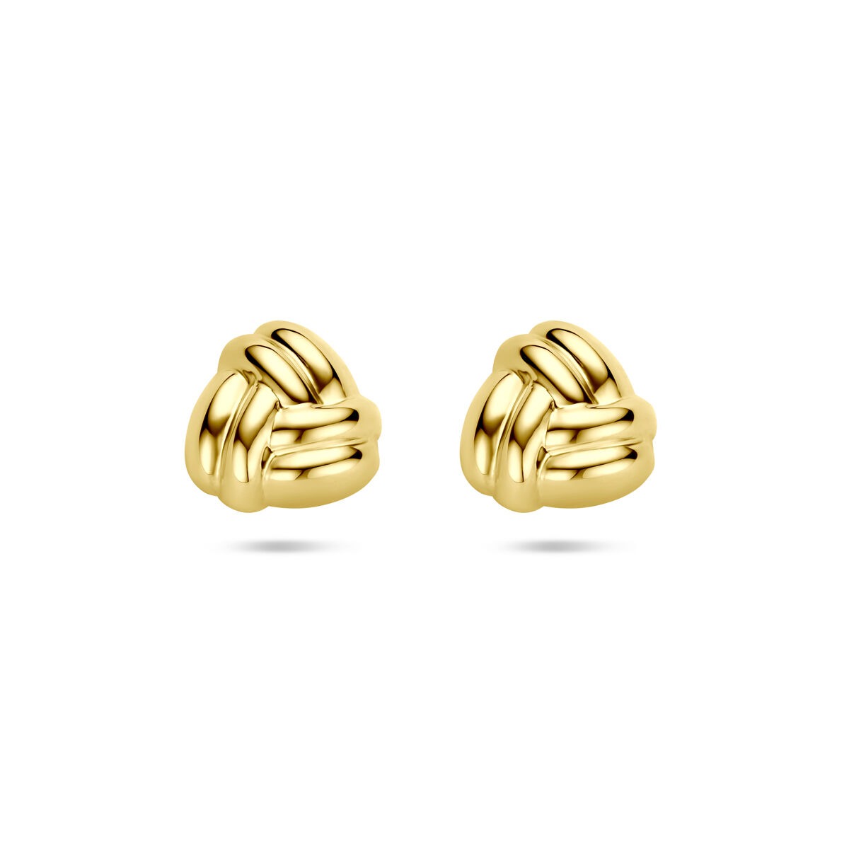 Geelgouden oorknoppen voor dames met een knoopdesign, 11 mm groot.