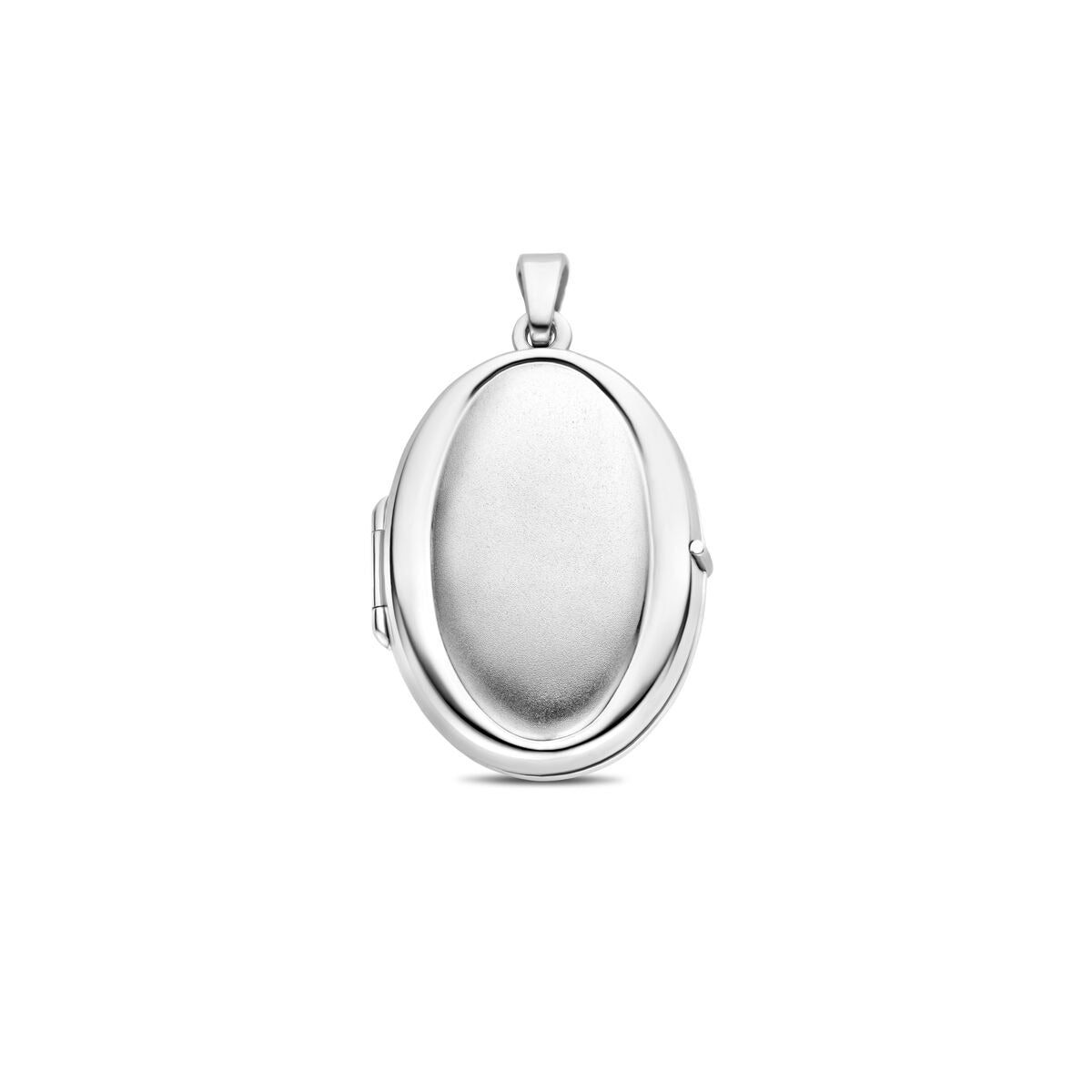 Ovaal zilveren medaillon van gerhodineerd 925 zilver met een gepolijste en matte afwerking.