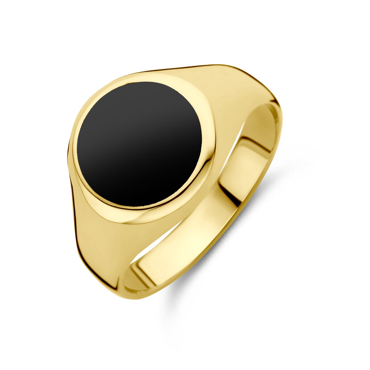 Geelgouden ring met een grote, ronde onyx steen in het midden.