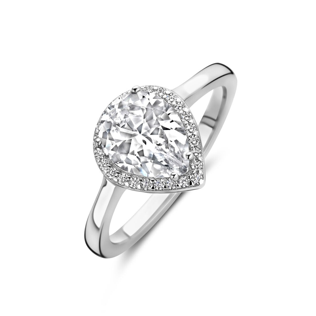 Gerhodineerde zilveren ring met peer geslepen zirkonia, 11 mm breed, omringd door kleine steentjes.