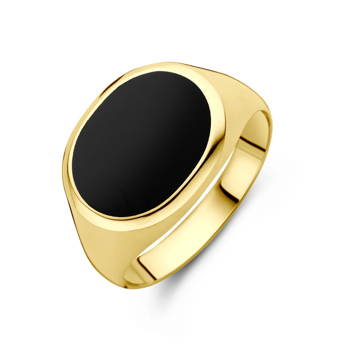 Geelgouden ring met een grote, ovale onyx steen in het midden.