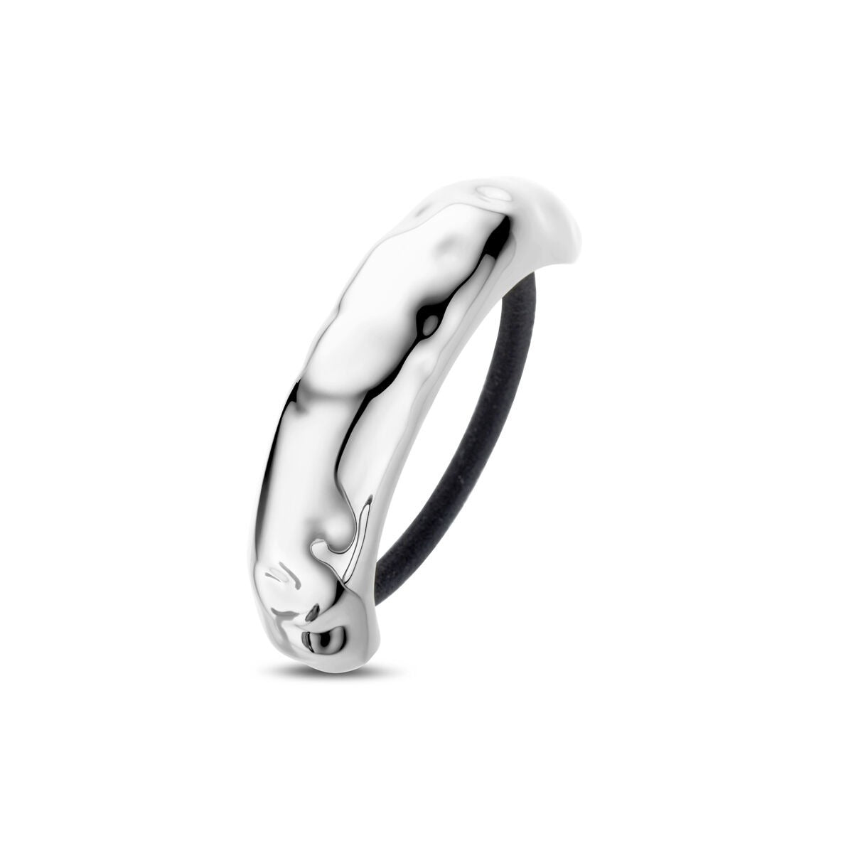 Zilverkleurige stalen hair cuff met een glanzende afwerking en een zwarte elastische band.