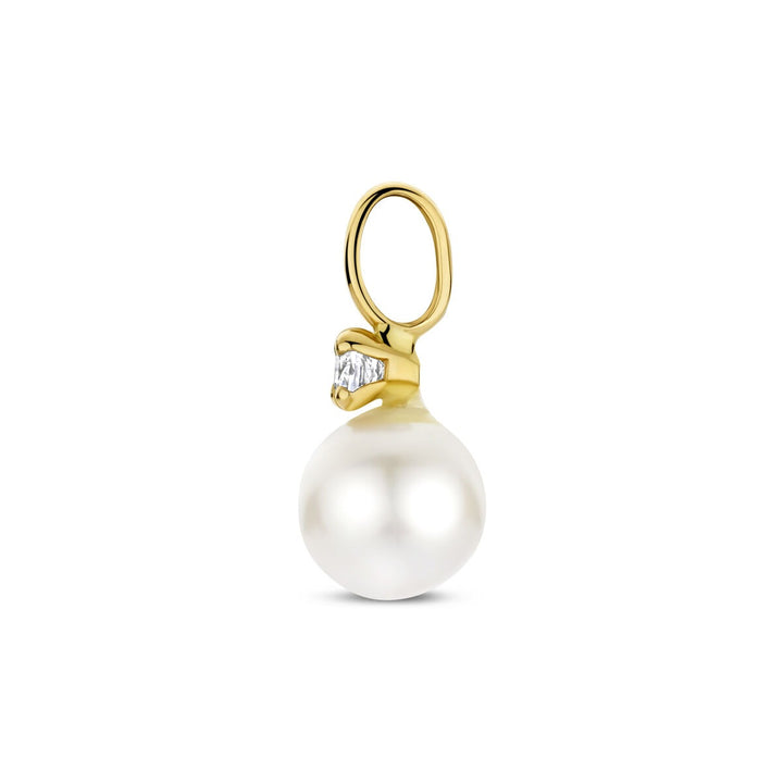9k Geelgouden hanger met zoetwaterparel en zirkonia