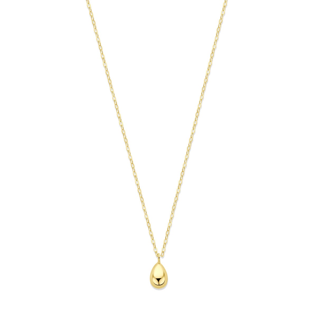 Geelgouden collier met een druppelvormige hanger, fijn schakelontwerp.