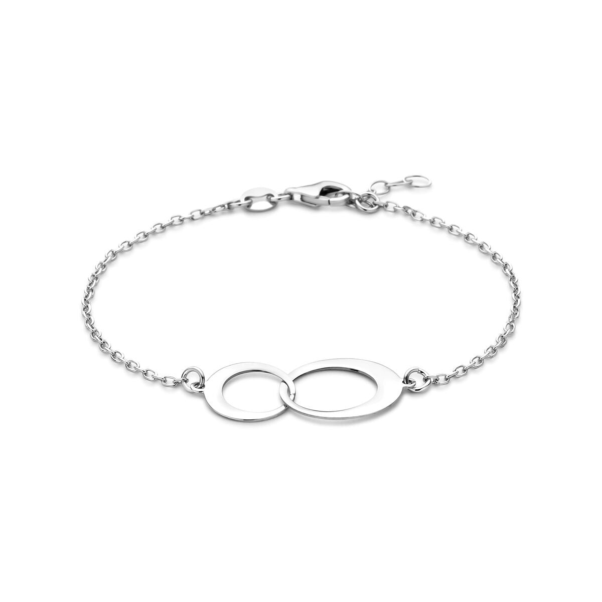 Zilveren armband met anker schakels en twee ovale elementen, gerhodineerd, lengte 17 + 2 cm.