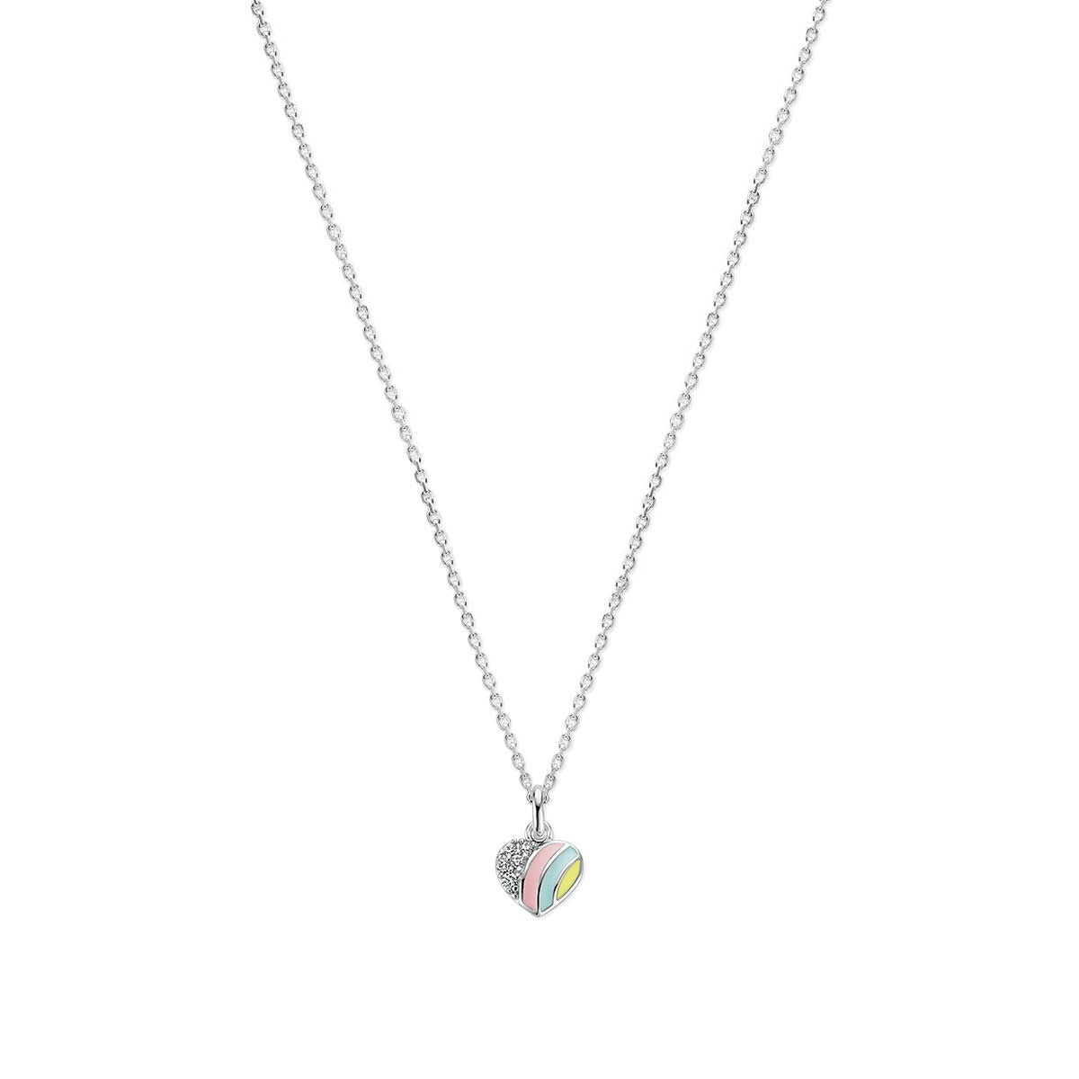 Zilveren gerhodineerde ketting met een hartvormige hanger met pastelkleuren en steentjes.