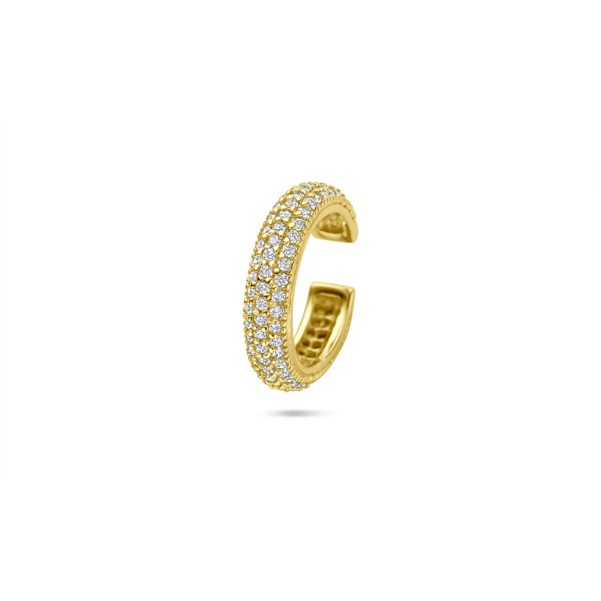 Verguld zilveren ear cuff met een rij zirkonia steentjes in een glanzende afwerking.